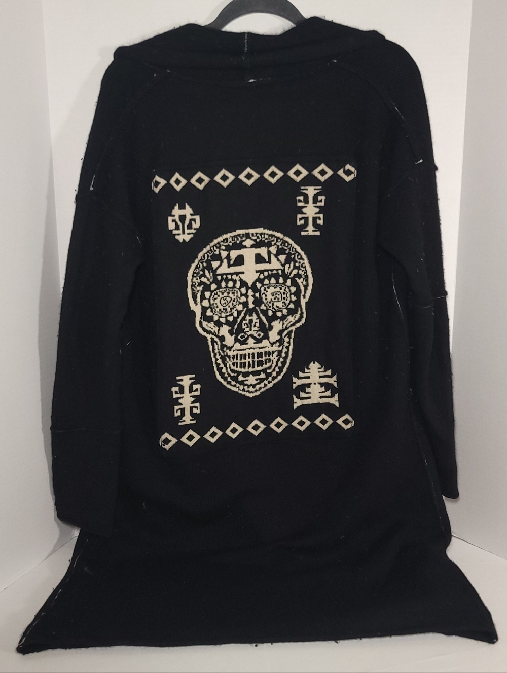 Skull Cashmere Black and White Skull-Print Long Sweater Cardigan